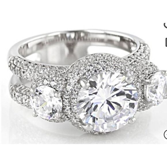 Gorgeous 9.4 Ct. Genuine Diamond Simulant Three Stone Halo Pave Wedding Ring #8 - Picture 8 of 10